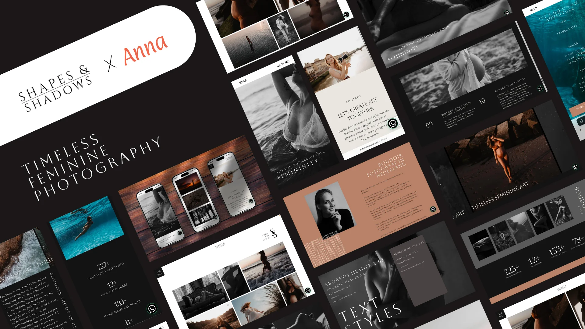 Shapes Shadows website deck met verschillende afbeeldingen van de site zoals de homepage en de blogs.